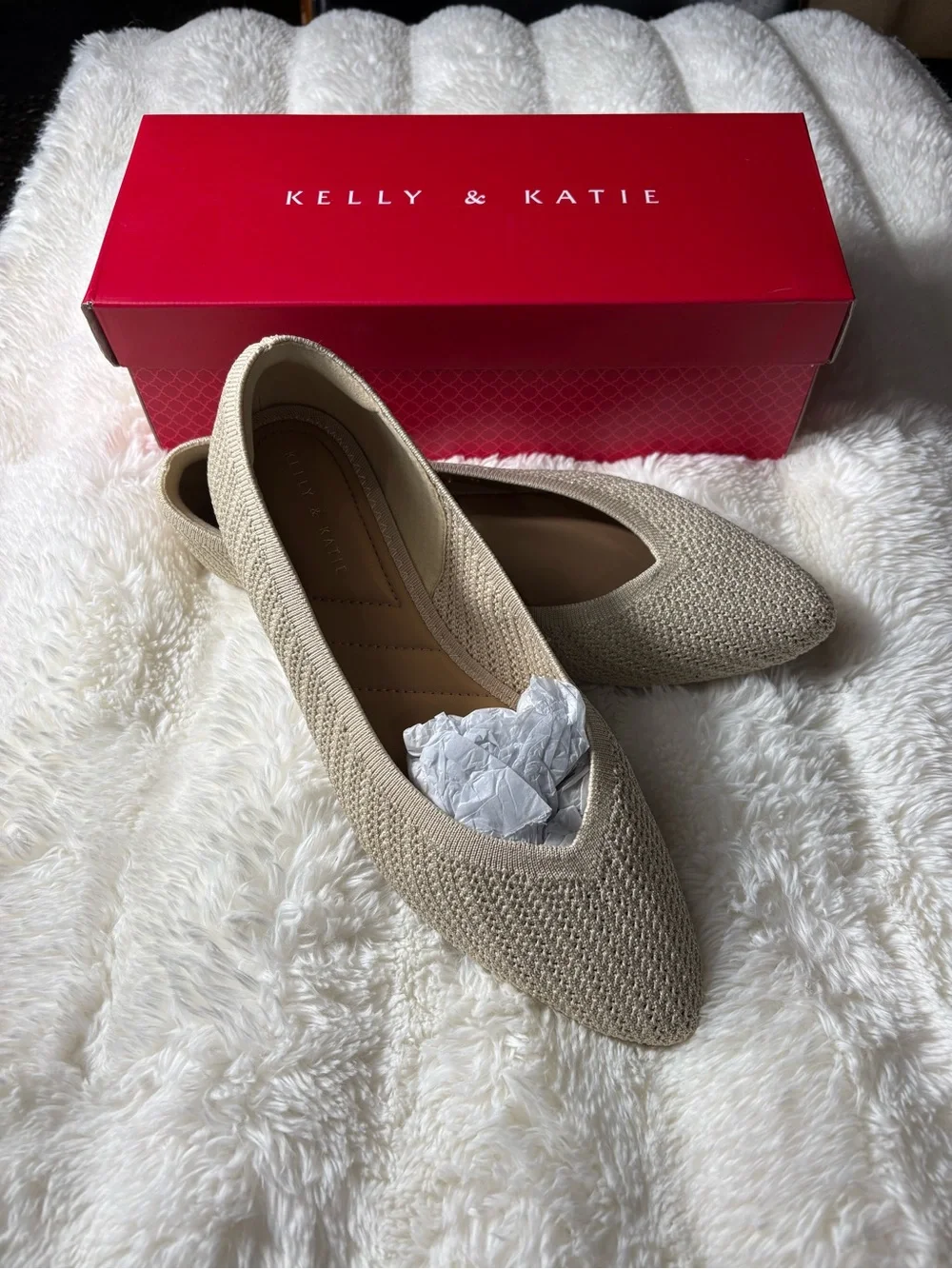 Kelly & Katie Women's Knit Pointed-Toe Flats in Beige 10W Gold Shimmer